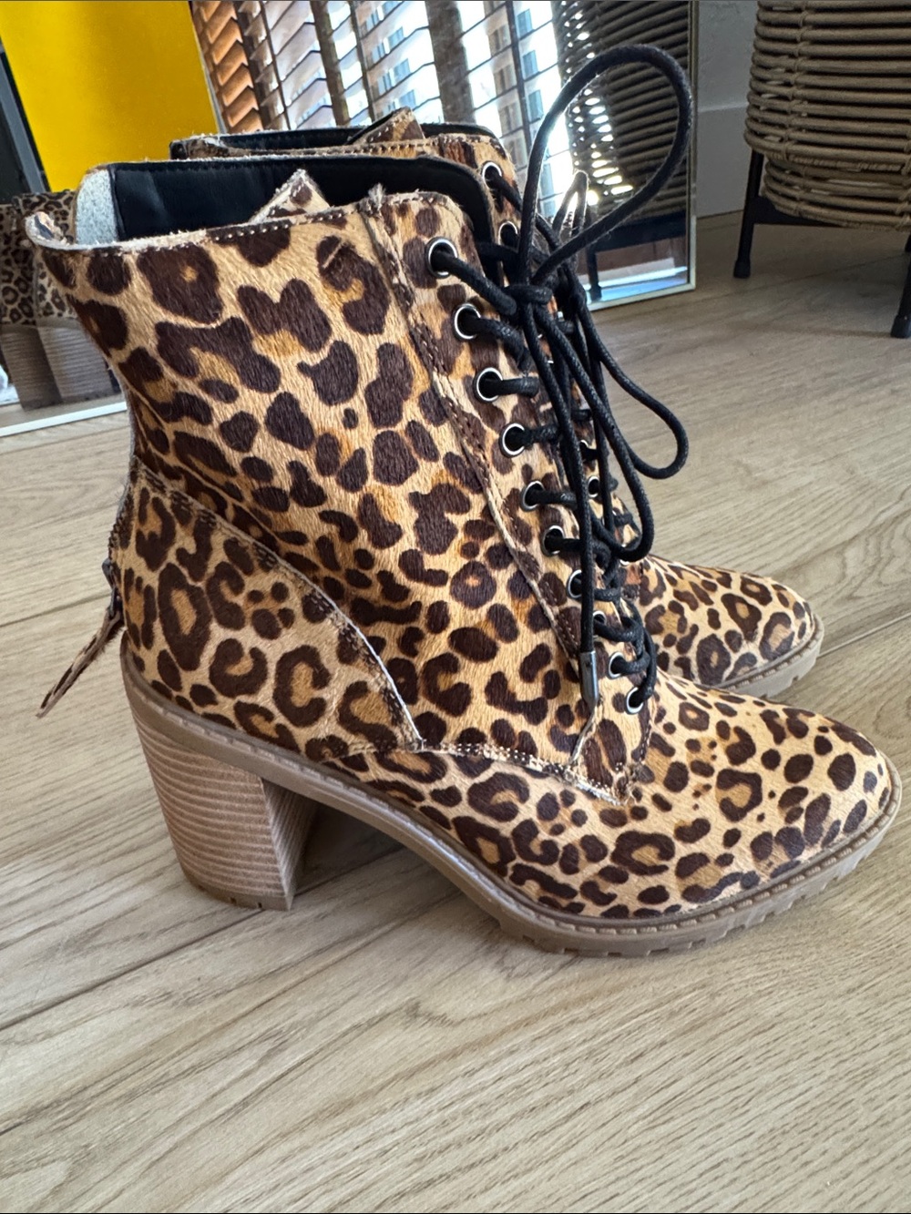 Dolce Vita Leopard Lace-Up Block Heel Ankle Boots - Brown/Tan